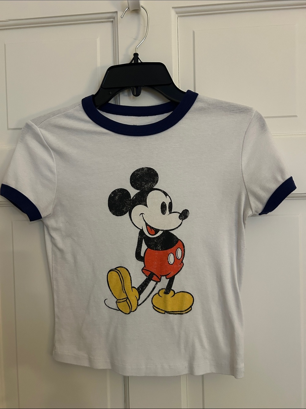 Kids White Mickey Mouse Graphic Tee with Navy Trim and Retro Print